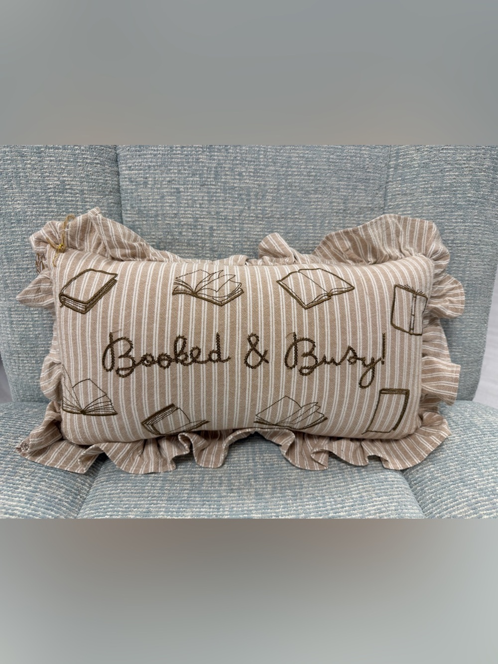 Booked & busy Striped Pinstripe Decorative Pillow Ruffles Embroidered - Picture 2 of 5